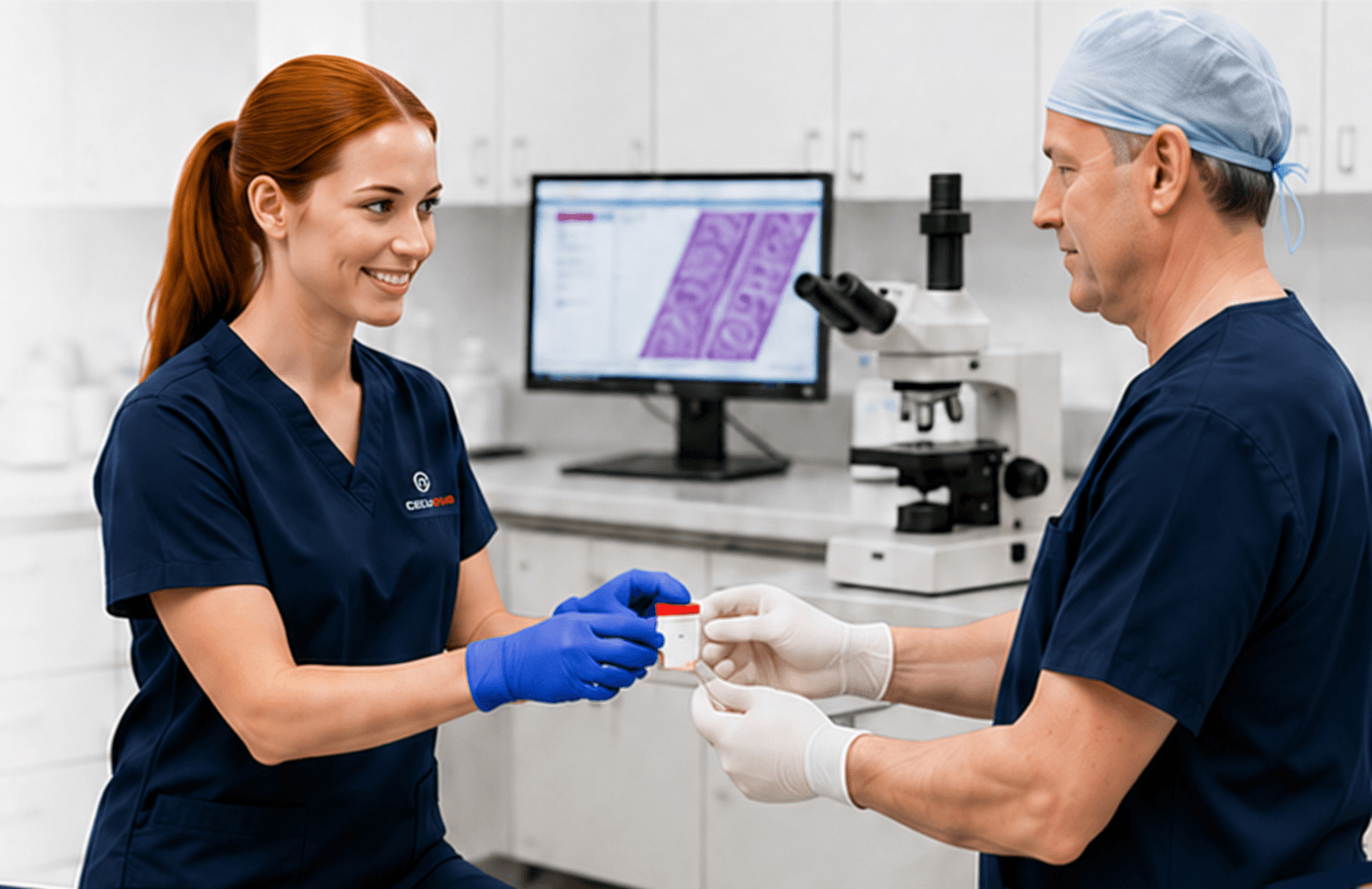 Red-haired histotechnician receiving a specimen from a dermatology surgeon in a Mohs laboratory